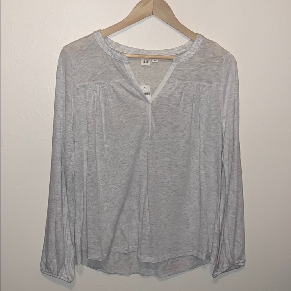 GAP Peasant Top Split V Neck Long Sleeve Boho Blouse Heather Gray Size Small NWT